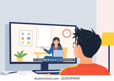 Teacher giving virtual tutoring to a man online with a video call on a computer in a home study. Student having a school lesson with support from a college educator for a course via distance learning