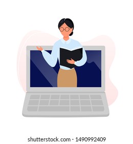 Teacher in glasses with book in her hand on laptop screen. Flat modern trendy style.Vector illustration character icon. Isolated on white background. Online education concept. 