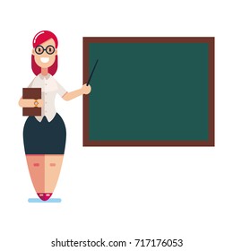Teacher in glasses, with a book and pointer in her hands stands near blackboard with the classroom. Vector cartoon template of woman flat character for teachers day and back to school illustrations.
