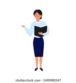 Teacher in glasses standing with book in her hand. Flat modern trendy style.Vector illustration character icon. Isolated on white background. 