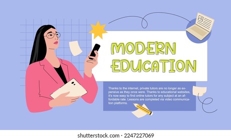 Teacher in glasses with tablet PC and remote controller. Vector illustration. Horizontal banner template with text MODERN EDUCATION. Editable stroke.