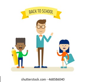 Teacher in glasses with two young students. Ribbon banner with text. Back to school concept. Vector illustration flat design.