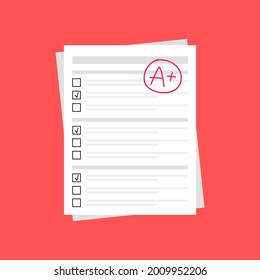 Sistema de evaluación. Cartas y notas del profesor en papel. Ilustración plana vectorial. Un resultado de examen marca roja en el fondo rojo.
