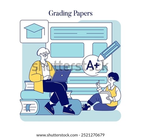 Teacher grading concept. An educator evaluates assignments on a laptop while a student awaits results. Academic performance review. Vector illustration.