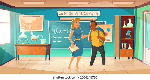 Teacher greeting student in chemistry classroom. Vector cartoon illustration of school class interior with flasks on desk, formula on chalkboard, woman and teenager. Back to school concept