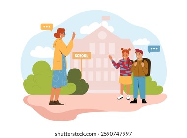Teacher greeting two students at school entrance, cartoon style, on a light blue background. Concept of education and welcoming. Vector illustration