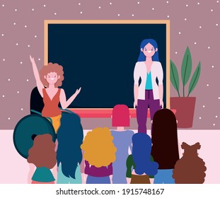 teacher and group diverse students classroom, inclusion vector illustration