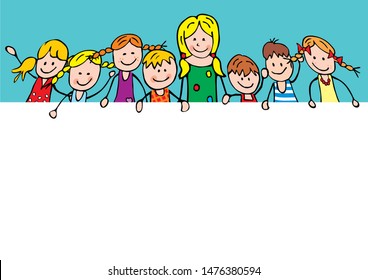 Teacher and group of happy children, front view, banner, vector funny illustration