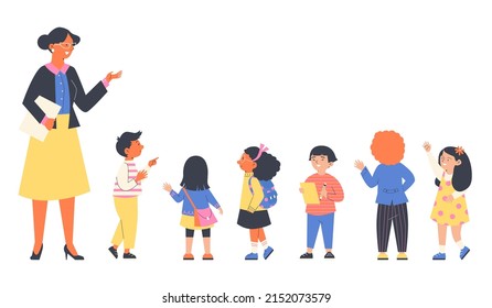 Teacher and group of school or kindergarten children, flat vector illustration isolated on white background. Children visiting museum excursion or exhibition.