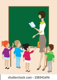 Teacher with Group of Students and Chalkboard