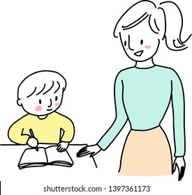 Teacher guiding her little student doing homework. Mother motivating her son doing homework. Female teacher motivating little boy studying. Little boy holding pencil and learning to write on notebook.