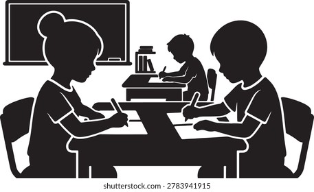 Teacher guiding pupils in educational setting with school desks and books illustration for classroom theme.