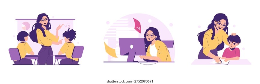 Teacher guiding students during a lesson, assisting with assignments, and presenting information. Warm interaction and focus on education are highlighted in this vector illustration.