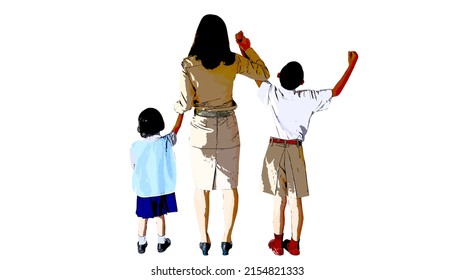 Teacher hand in hand male student, female student,Thailand, Back  to school,open semester to school,illustration.design idea and concept think creativity.