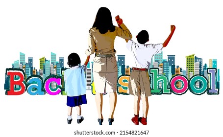 Teacher hand in hand male student, female student,Thailand, Back  to school,open semester to school,illustration.design idea and concept think creativity.