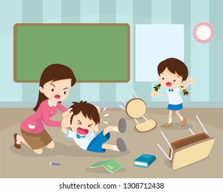 teacher handle angry boy,teacher have worry with Rampage angry boy.aggressive children in classroom