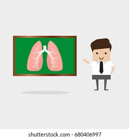 Teacher, hands shows on lungs, standing at the blackboard.
