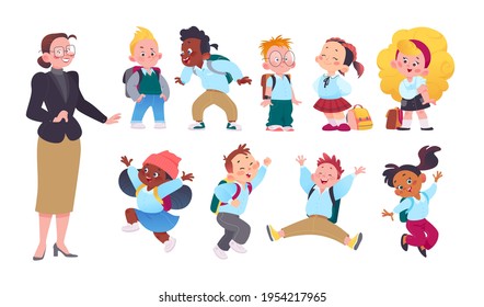 Teacher and happy school kids set in uniform with school bags isolated on white background. Flat cartoon style. Vector illustration. For banners, advertising, packaging, web, wallpapers etc.