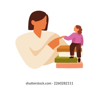 Teacher helping elementary school child in study. Educator supporting kid, developing with books. Knowledge, education, development concept. Flat vector illustration isolated on white background