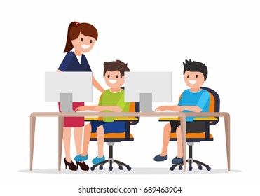 Teacher Helping Elementary School Pupils In Computer Class, vector illustration.  Education and learning concept