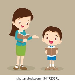 Teacher helping pupil reading.Student boy and teacher reading book  together.