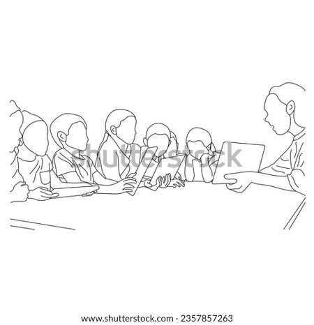 Teacher helping pupils with digital tablet vector line art isolated on a white background.
