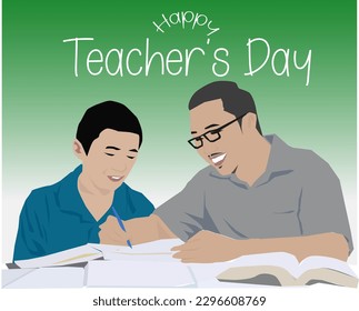 teacher helping student read book male sitting in front of black board celebrate happy teacher's day