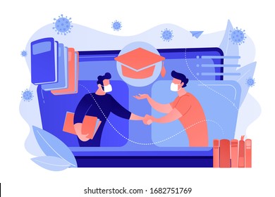 Teacher helping student in self-isolation at online lesson during covid-2019 quarantine. Online tutor, on-demand homework help, english teacher online concept. Coral blue vector isolated illustration