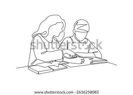 Teacher helping student studying with books in continuous line drawing