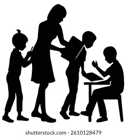 Teacher Helping Students With Homework Silhouette Illustration In Black And White background.