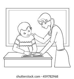 Teacher helps a boy in classroom to resolve tasks during lesson, vector image, outline
