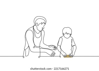 el profesor ayuda al niño a esculpir de la arcilla - un vector de dibujo de una línea. concepto adulto (tutor, padre, profesor, artesano, cocinero) enseña cerámica o cocina (masa amasada)