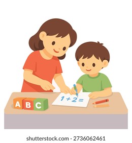 Teacher helps student math, homework. Writing equation, alphabet blocks, studying, education, early learning, math lesson.