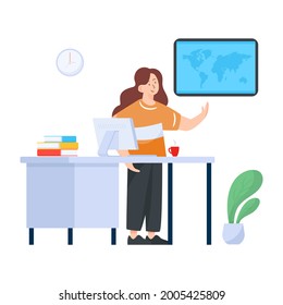 A teacher in her office with screen, flat vector of e teacher