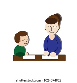 Teacher and her pupil in flat style. Vector illustration.