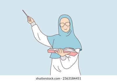 Teacher in hijab and glasses teaches at the blackboard. Illustration of a teacher teaching