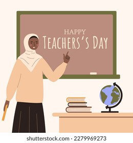 A teacher in a hijab near the blackboard.African american teacher.Variety in education. Stock vector illustration.