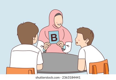 Teacher in hijab teaches the letter b to students. Illustration of a teacher teaching