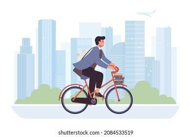 Profesor hipster en ilustración vectorial de bicicleta. Viaje rápido en caricatura y viaje de un hombre con libros en canasta, joven ciclista montando eco transporte en la calle de la ciudad con rascacielos. Concepto de estilo de vida activo