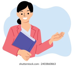 teacher holding book in classroom or businesswoman in a suit explaining something