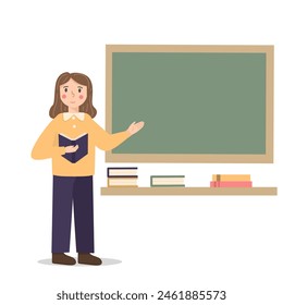Teacher holding book in front of class, illustration of female teacher with board and book, teacher cartoon, person teaching 