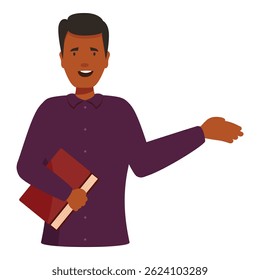 El profesor sostiene un libro y hace gestos con la otra mano como si explicara algo