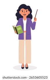 Teacher holding a book and pointer, smiling while engaging students in a classroom setting.character in flat style isolated on white background.Vector illustration.