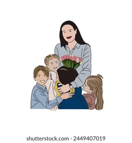 The teacher holding flowers is hugging her students in a happy moment.