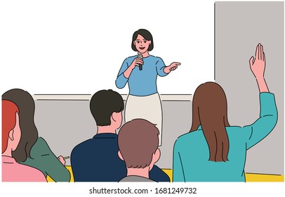 The teacher is holding a microphone at the pulpit and talking, a student is holding her hand. hand drawn style vector design illustrations. 