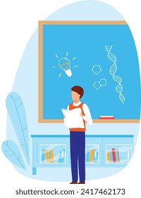 Teacher holding papers in front of a blue board with a lightbulb and DNA strand. Educator in a classroom setting presenting a lesson. Knowledge and science education vector illustration.