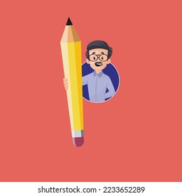 Teacher holding pencil vector mascot logo template. 