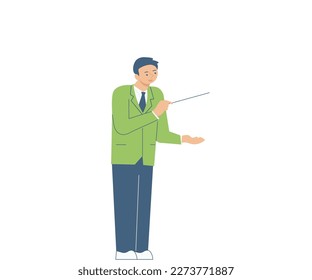 Teacher Holding Pointer Presenting New Ideas To Students. Researcher Showing Recent Concepts To Colleagues. Businessman Creating New Financial Strategy