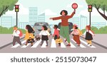 Teacher holding road sign stop and school kids cross the street by crosswalk. Vector cartoon safety crosswalk with traffic lights, car transport. Happy children walk across path on zebra crossing