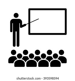 Teacher holding stick in classroom with students flat vector icon for education apps and websites